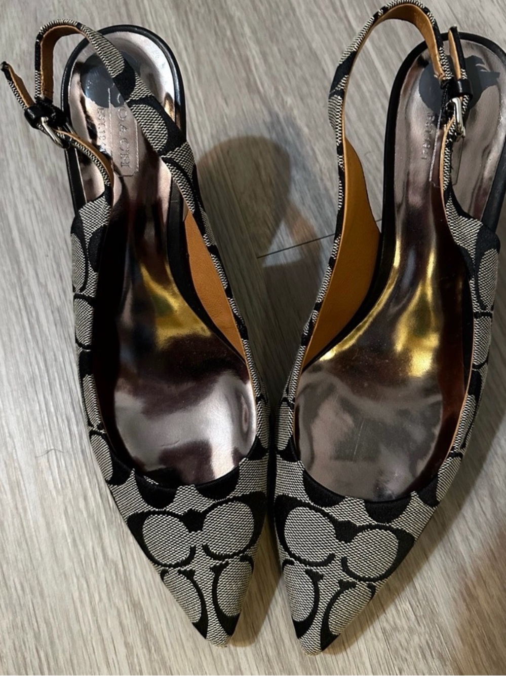 Coach Black and Cream Logo Pointed Slingback Heels